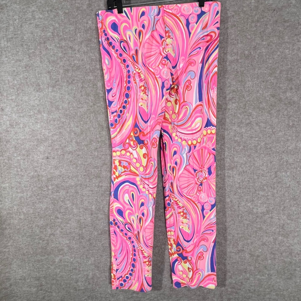 Lilly Pulitzer Reef Retreat Casual Flare Pants L Pink Blue Shell Print Stretch - Picture 5 of 10